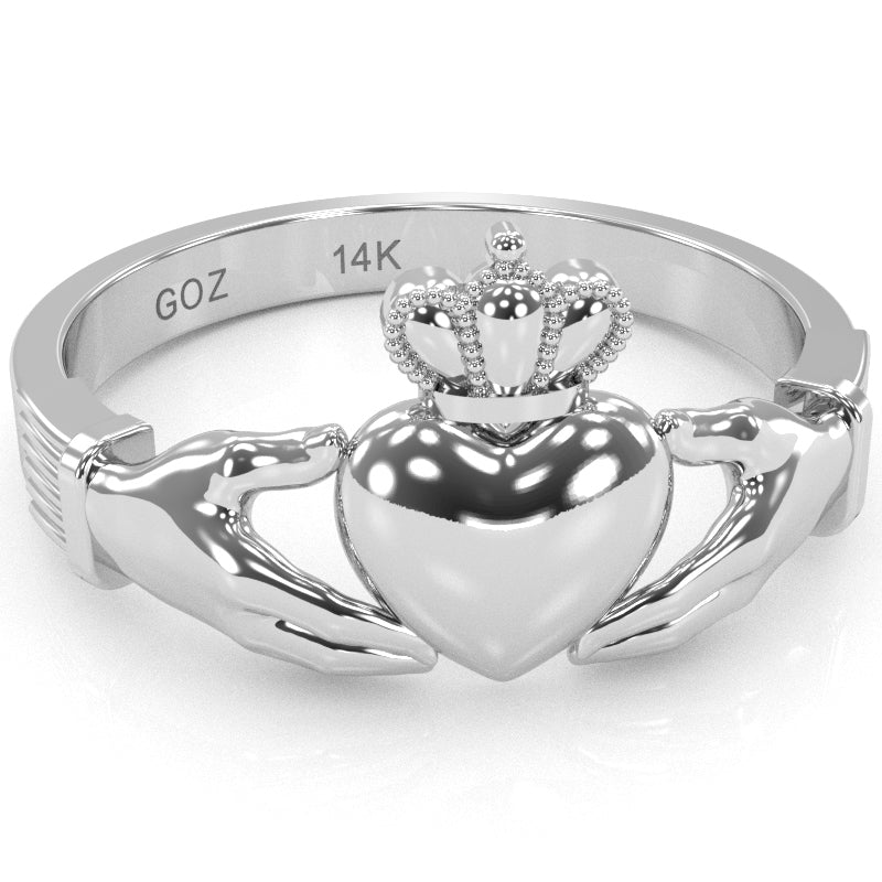 Men's Classic Claddagh Ring In Solid 14k White Gold