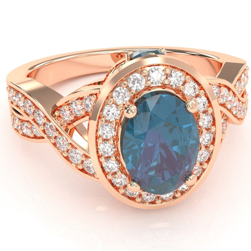 Three Stone Lab-Created Alexandrite Diamond Peekaboo Halo Engagement Ring In 14k Rose Gold