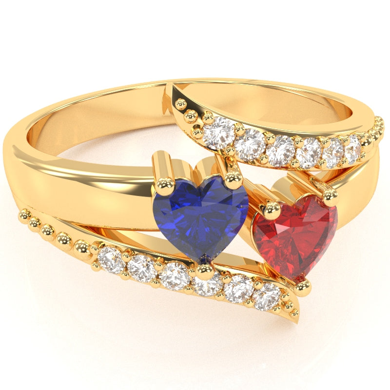 Double Heart Gemstone Diamond Promise Ring In 14k Yellow Gold
