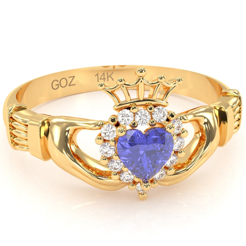 Claddagh Tanzanite Diamond Ring In Solid 14k Yellow Gold