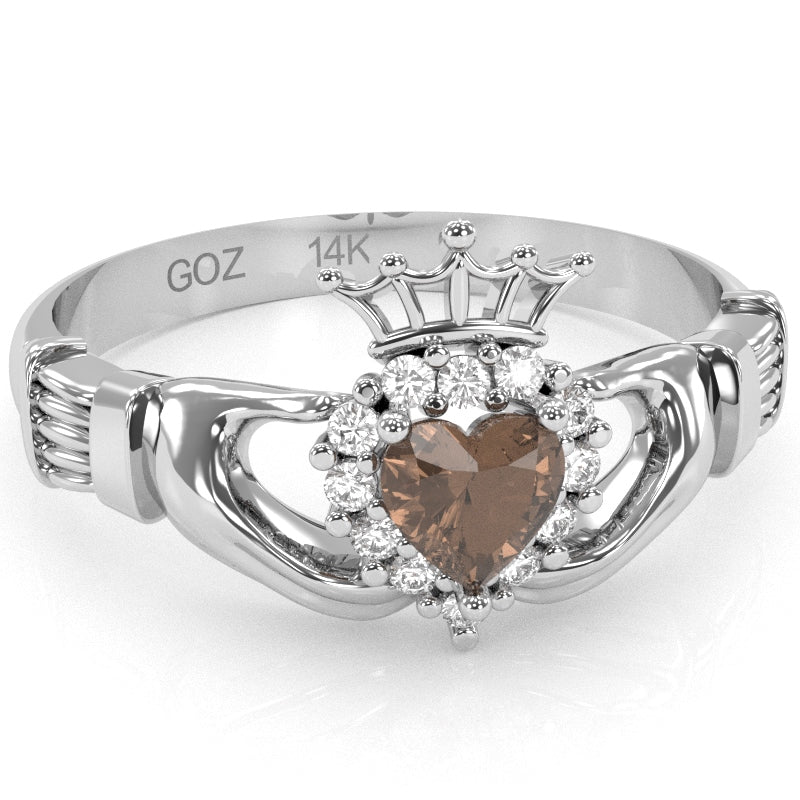 Claddagh Smoky Quartz Diamond Ring In Solid 14k White Gold