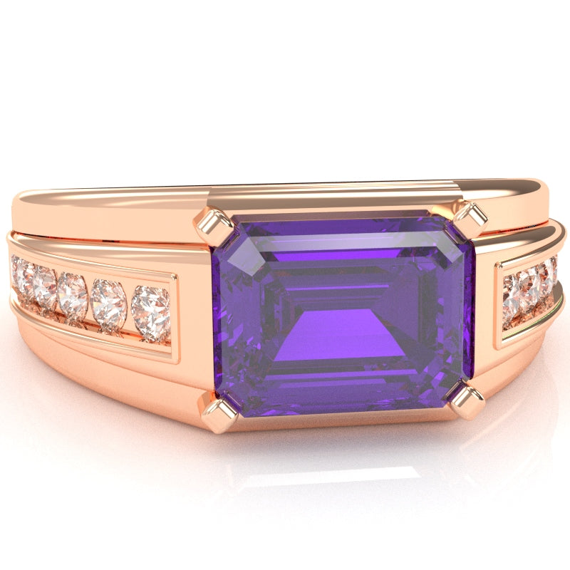 Men's Amethyst Diamond Channel Ring In Solid 14k Rose Gold