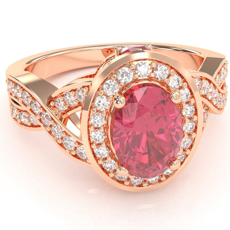 Three Stone Pink Tourmaline Diamond Peekaboo Halo Engagement Ring In 14k Rose Gold