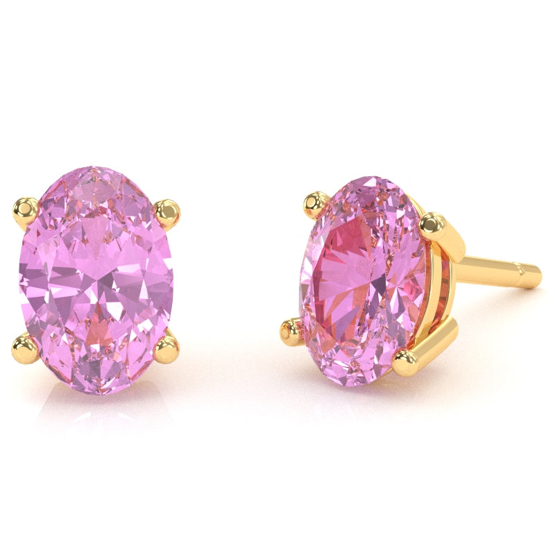 Lab-Created Pink Sapphire 8x6mm Oval Stud Earrings in 10k Yellow Gold