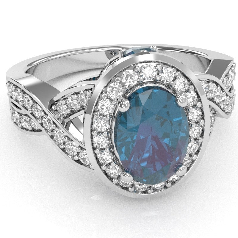 Three Stone Lab-Created Alexandrite Diamond Peekaboo Halo Engagement Ring In 14k White Gold