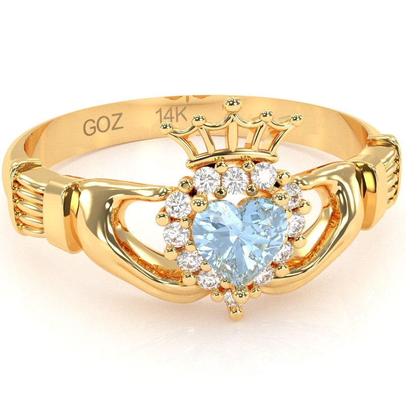 Claddagh Aquamarine Diamond Ring In Solid 14k Yellow Gold