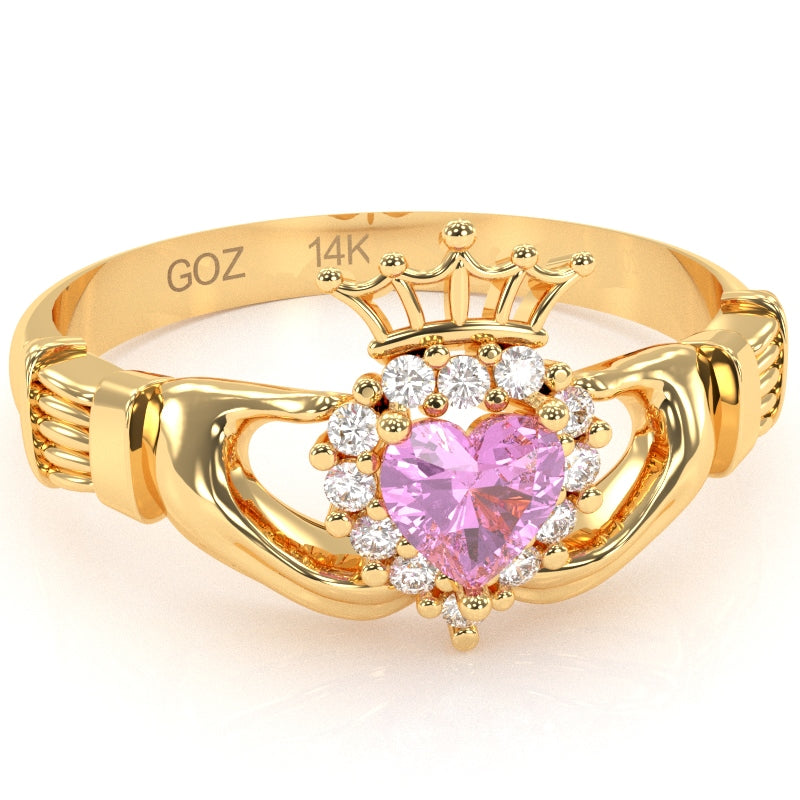 Claddagh Lab-Created Pink Sapphire Diamond Ring In Solid 14k Yellow Gold