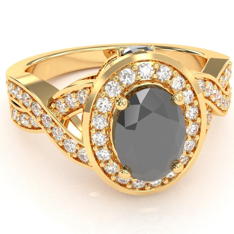 Three Stone Black Onyx Diamond Peekaboo Halo Engagement Ring In 14k Yellow Gold