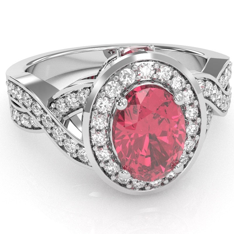 Three Stone Pink Tourmaline Diamond Peekaboo Halo Engagement Ring In 14k White Gold