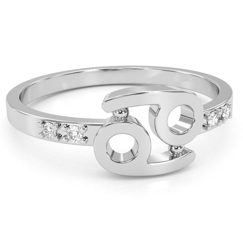 Cancer Zodiac Sign Diamond Ring In Solid 14k White Gold