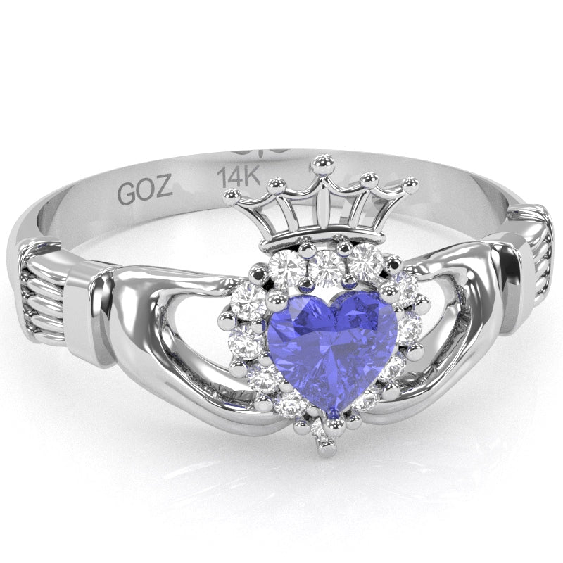 Claddagh Tanzanite Diamond Ring In Solid 14k White Gold