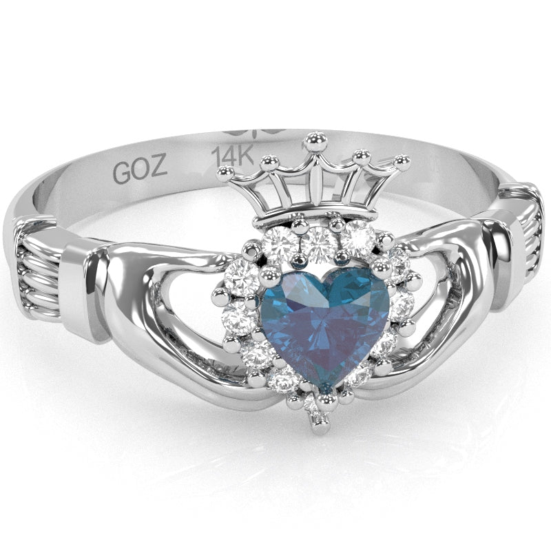 Claddagh Lab-Created Alexandrite Diamond Ring In Solid 14k White Gold