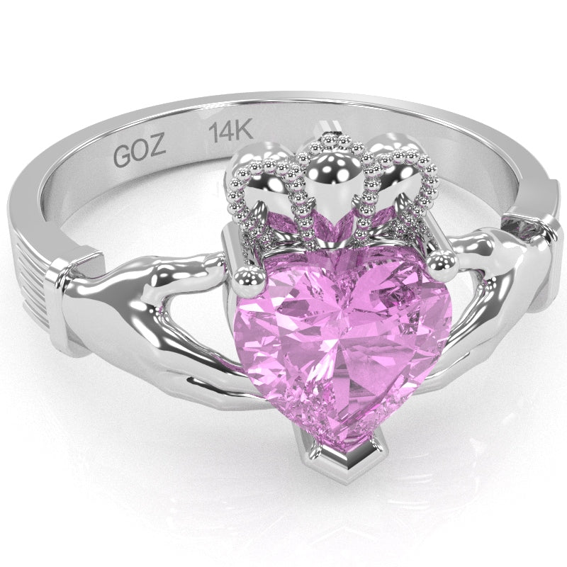 Claddagh Lab-Created Pink Sapphire Ring In Solid 14k White Gold