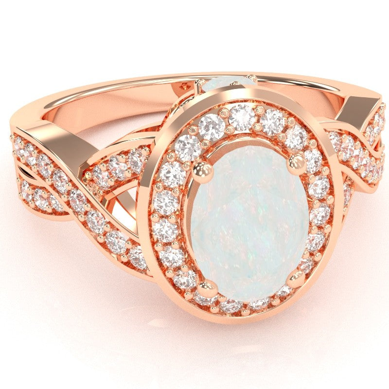 Three Stone Opal Diamond Peekaboo Halo Engagement Ring In 14k Rose Gold