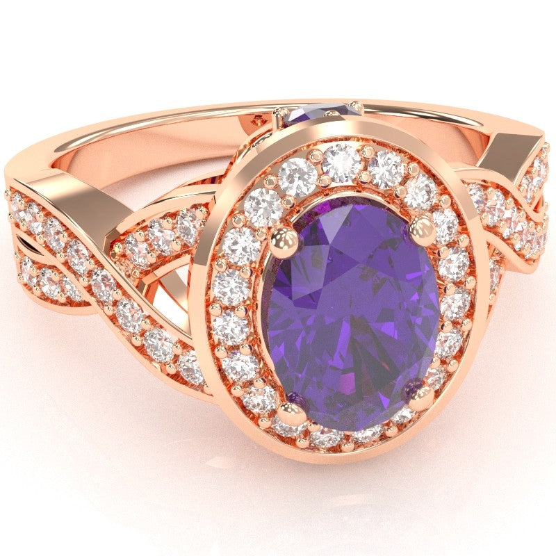 Three Stone Amethyst Diamond Peekaboo Halo Engagement Ring In 14k Rose Gold