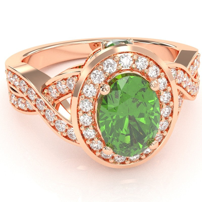 Three Stone Peridot Diamond Peekaboo Halo Engagement Ring In 14k Rose Gold