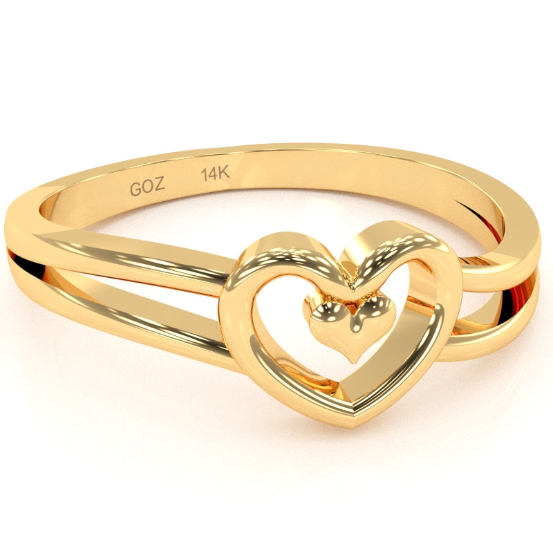 Split Shank Heart-In-Heart Love Ring In Solid 14k Yellow Gold