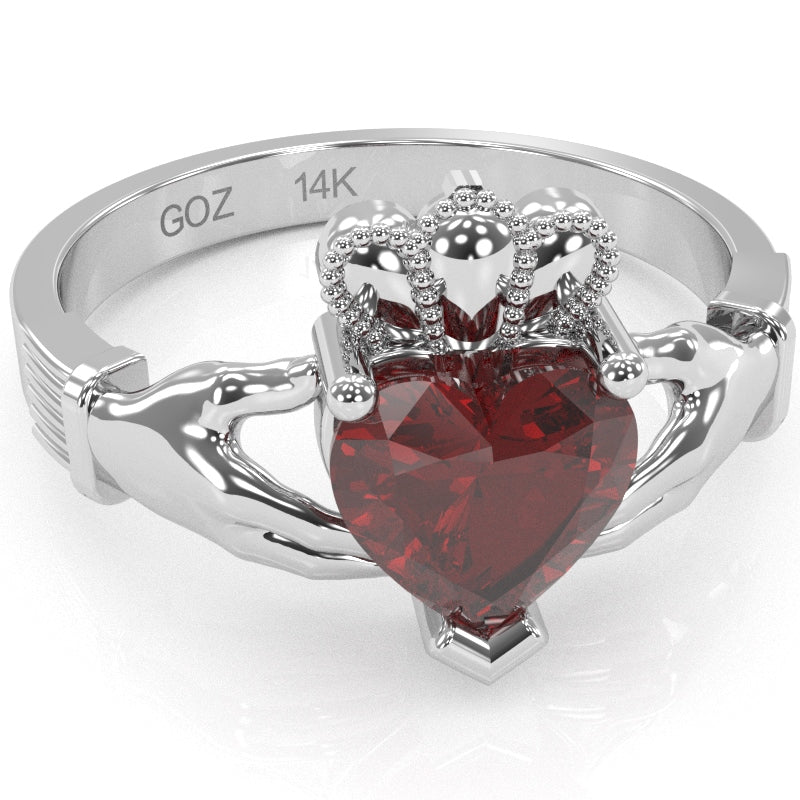 Claddagh Lab-Created Ruby Ring In Solid 14k White Gold