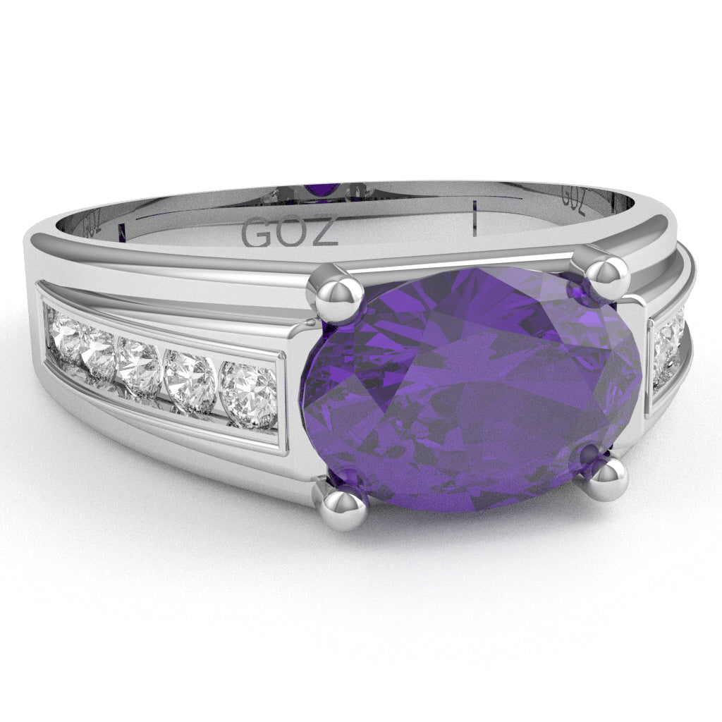Amethyst Diamond Designer Channel Ring In 10k White Gold