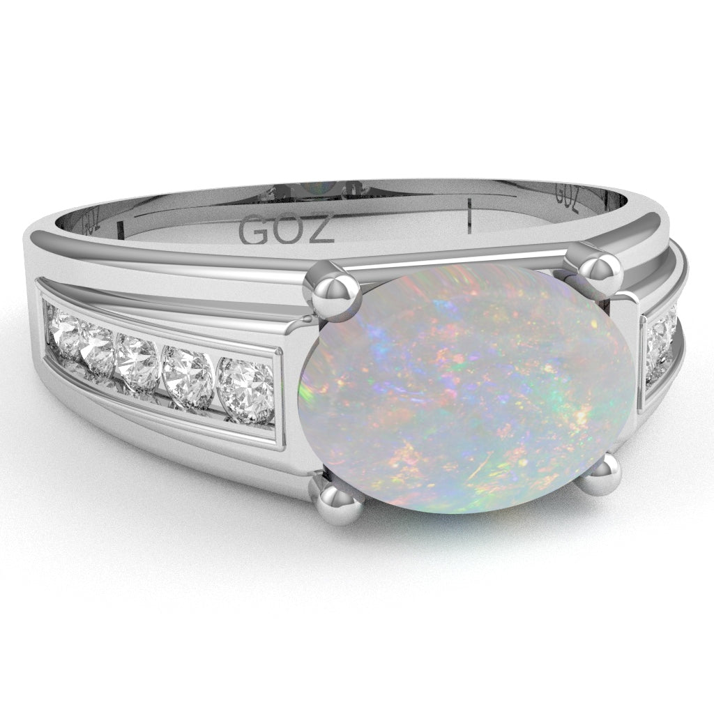 Opal Diamond Designer Channel Ring In 10k White Gold