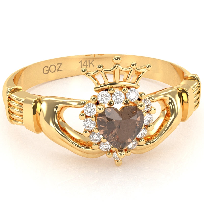 Claddagh Smoky Quartz Diamond Ring In Solid 14k Yellow Gold