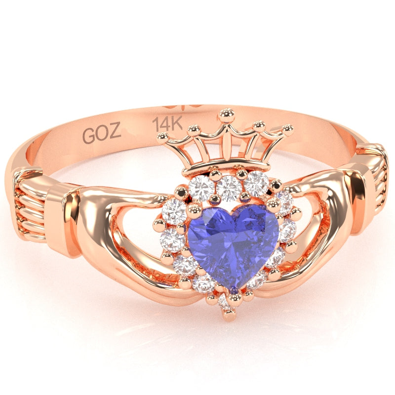 Claddagh Tanzanite Diamond Ring In Solid 14k Rose Gold