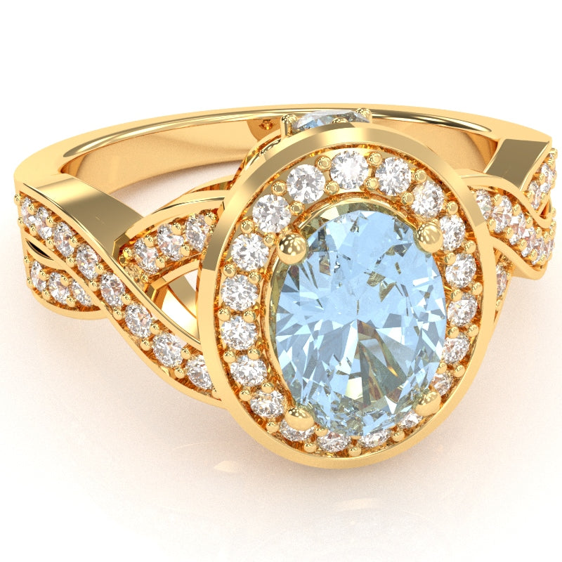 Three Stone Aquamarine Diamond Peekaboo Halo Engagement Ring In 14k Yellow Gold
