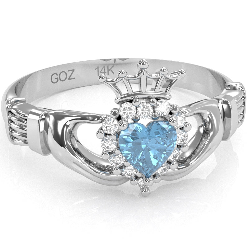 Claddagh Blue Topaz Diamond Ring In Solid 14k White Gold