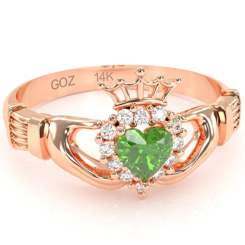 Claddagh Peridot Diamond Ring In Solid 14k Rose Gold