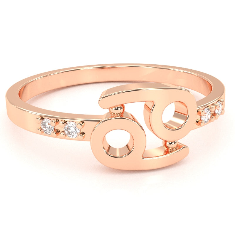 Cancer Zodiac Sign Diamond Ring In Solid 14k Rose Gold