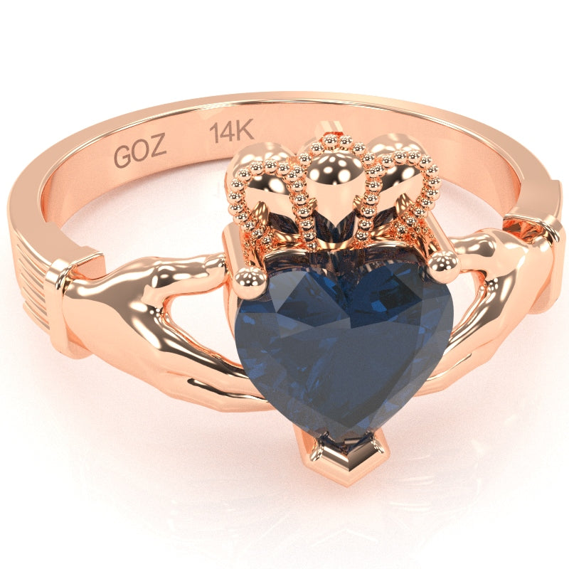 Claddagh Lab-Created Sapphire Ring In Solid 14k Rose Gold