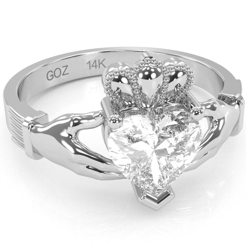 Claddagh White Topaz Ring In Solid 14k White Gold
