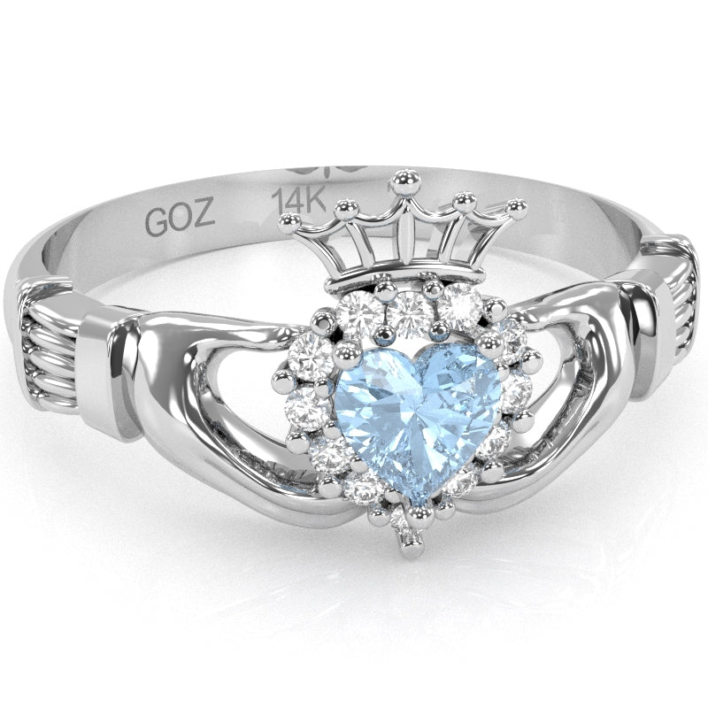 Claddagh Aquamarine Diamond Ring In Solid 14k White Gold