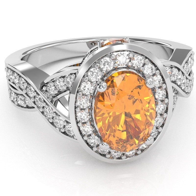 Three Stone Citrine Diamond Peekaboo Halo Engagement Ring In 14k White Gold