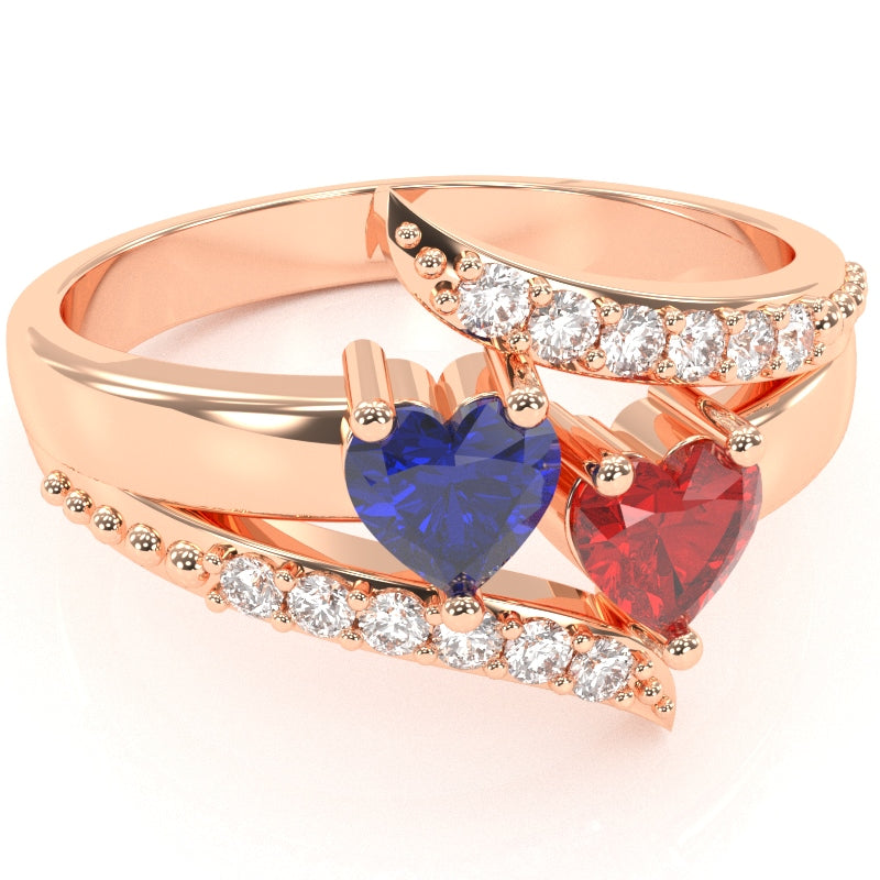 Double Heart Gemstone Diamond Promise Ring In 14k Rose Gold