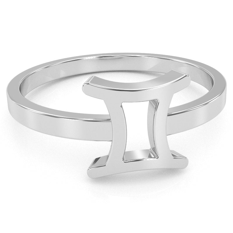 Gemini Zodiac Sign Ring In Solid 14k White Gold