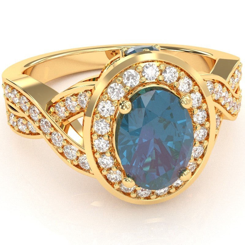 Three Stone Lab-Created Alexandrite Diamond Peekaboo Halo Engagement Ring In 14k Yellow Gold