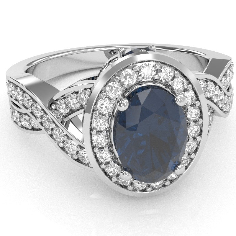 Three Stone Lab-Created Sapphire Diamond Peekaboo Halo Engagement Ring In 14k White Gold