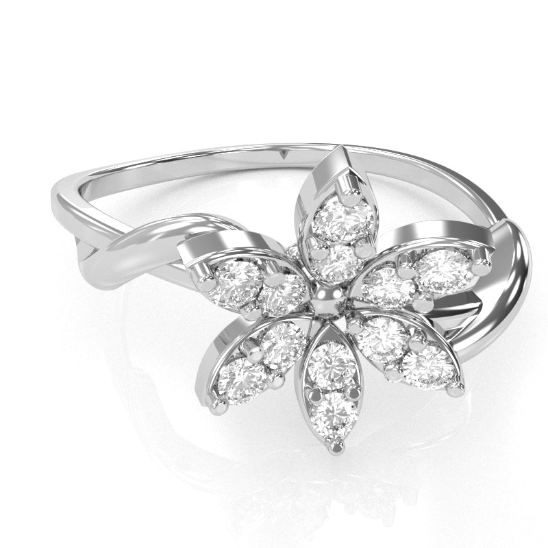 Twisted Vine Diamond Encrusted Flower Ring In 14k White Gold