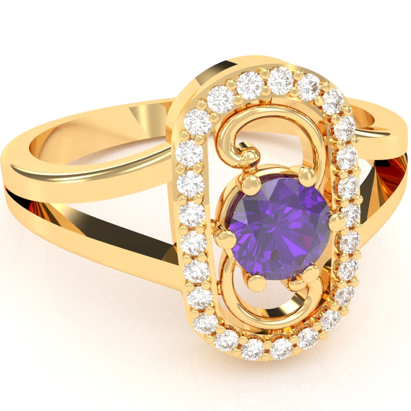 Split Band Amethyst Diamond Cocktail Ring In 14k Yellow Gold