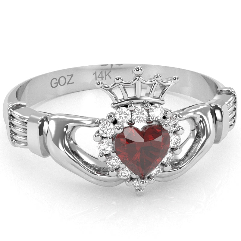 Claddagh Lab-Created Ruby Diamond Ring In Solid 14k White Gold