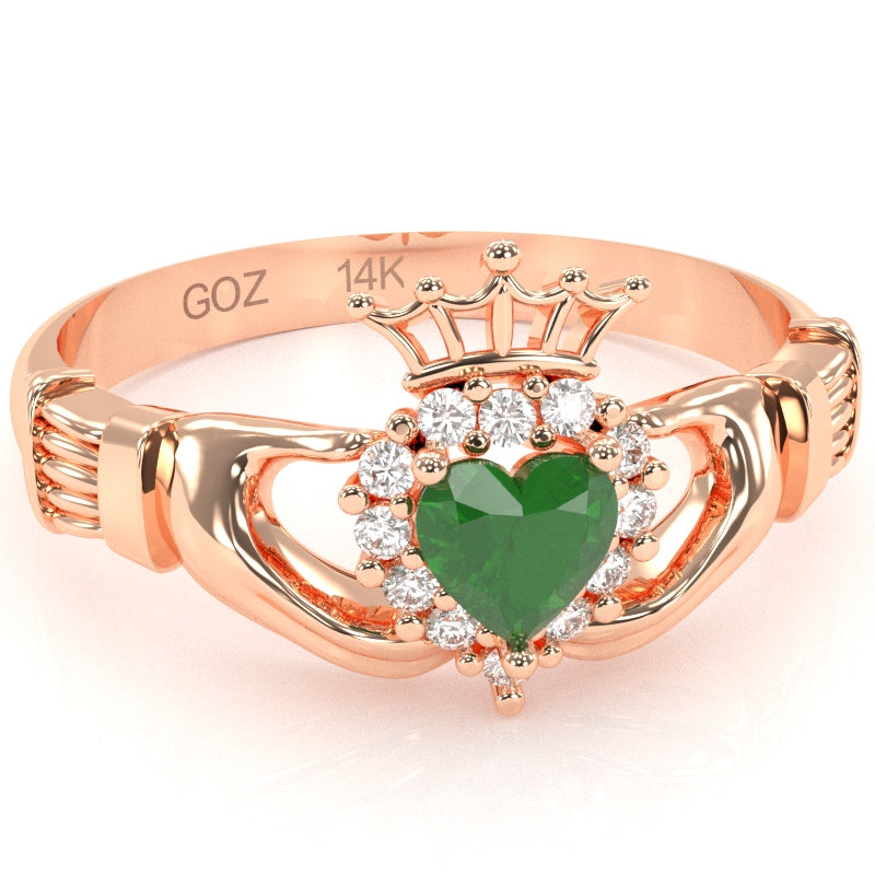 Claddagh Emerald Diamond Ring In Solid 14k Rose Gold