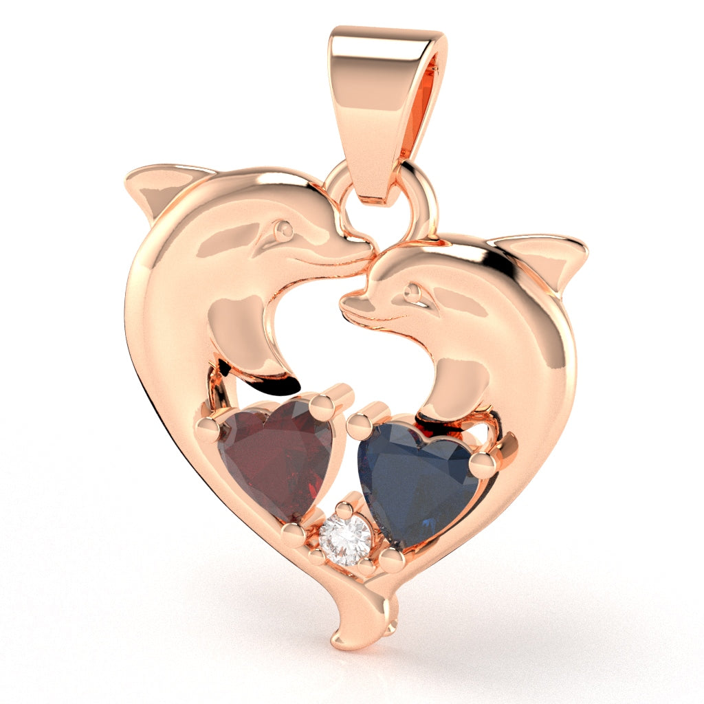 Customizable Gemstone Diamond Dolphin 2 Heart Birthstone Pendant in 14k Rose Gold