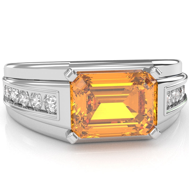 Men's Citrine Diamond Channel Ring In Solid 14k White Gold
