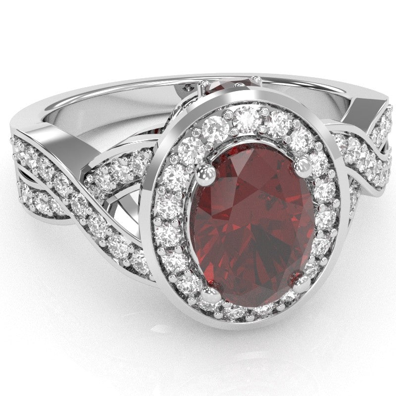 Three Stone Lab-Created Ruby Diamond Peekaboo Halo Engagement Ring In 14k White Gold