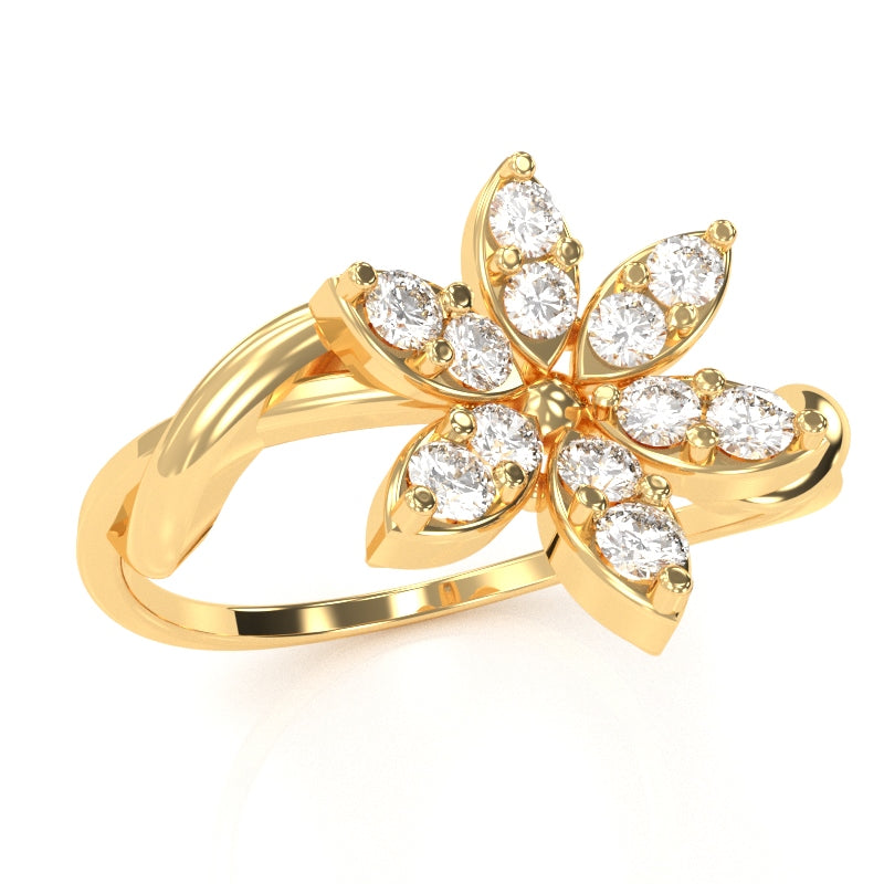 Twisted Vine Diamond Encrusted Flower Ring In 14k Yellow Gold