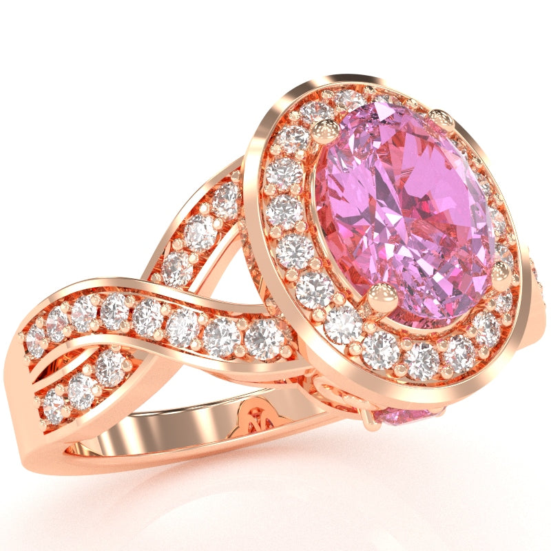 Three Stone Lab-Created Pink Sapphire Diamond Peekaboo Halo Engagement Ring In 14k Rose Gold