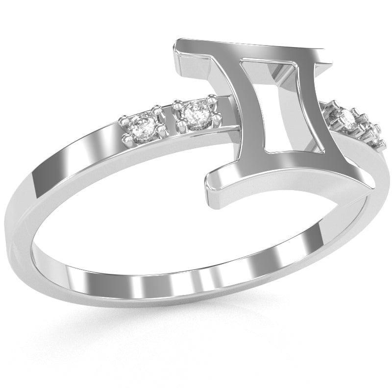 Gemini Zodiac Sign Diamond Ring In Solid 14k White Gold