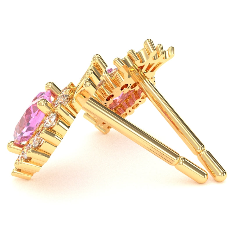Lab-Created Pink Sapphire Diamond Claddagh motif Stud Earrings in 10k Yellow Gold