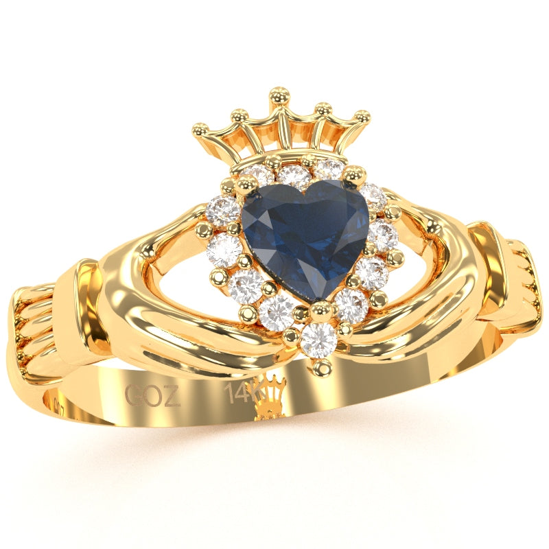 Claddagh Lab-Created Sapphire Diamond Ring In Solid 14k Yellow Gold